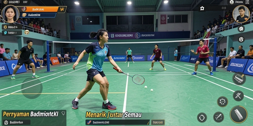 Tampilan antarmuka GOGOREJEKI yang menarik dengan fungsi permainan badminton.